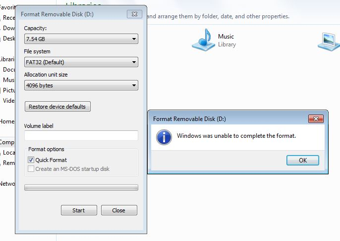 Windows Disk Management showing USB drive unable to complete format
