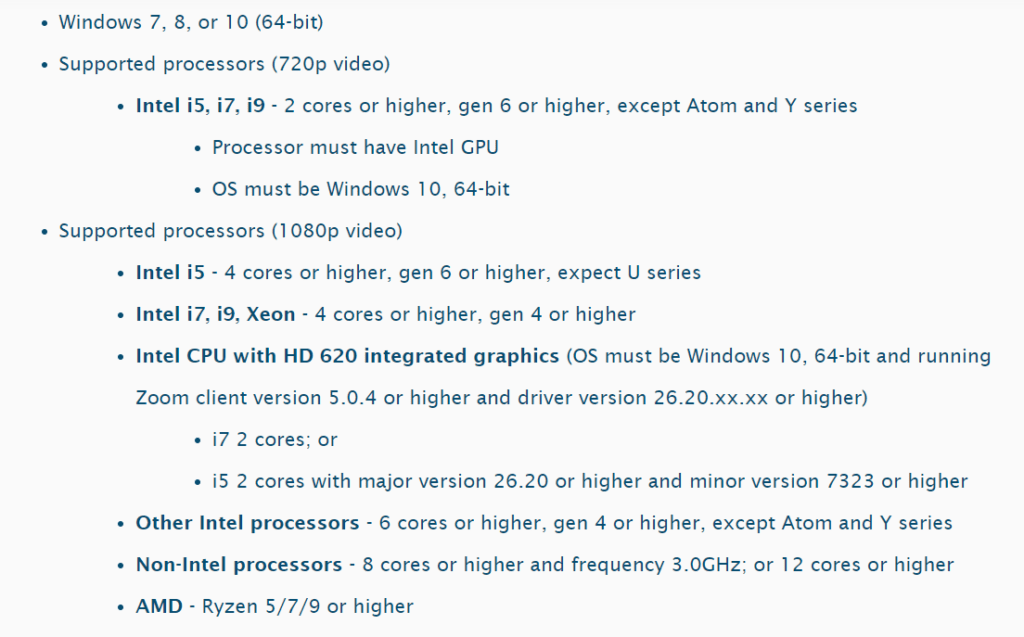 Zoom System requirement
